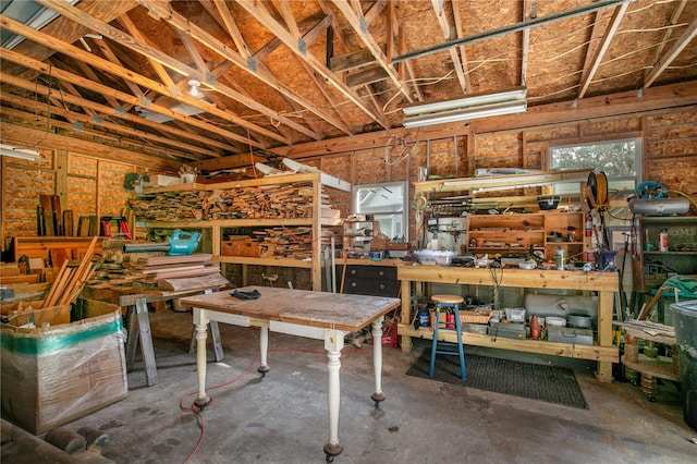 miscellaneous room featuring concrete floors and a workshop area