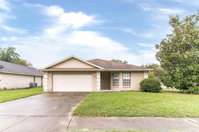 ranch-style house featuring central air condition unit, a front lawn, and a garage