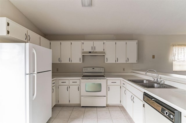 kitchen with white cabinetry, white appliances, sink, and light tile patterned floors