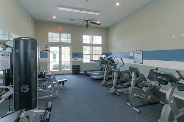 workout area featuring ceiling fan