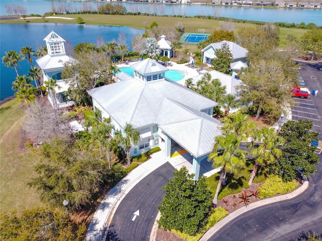 aerial view featuring a water view