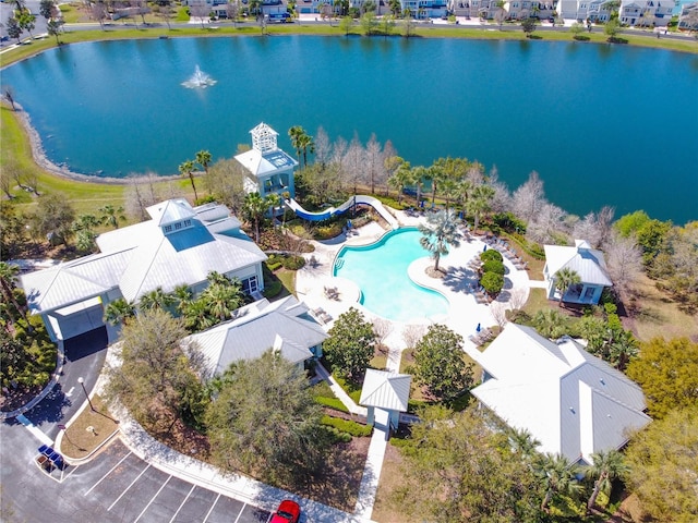 aerial view featuring a water view