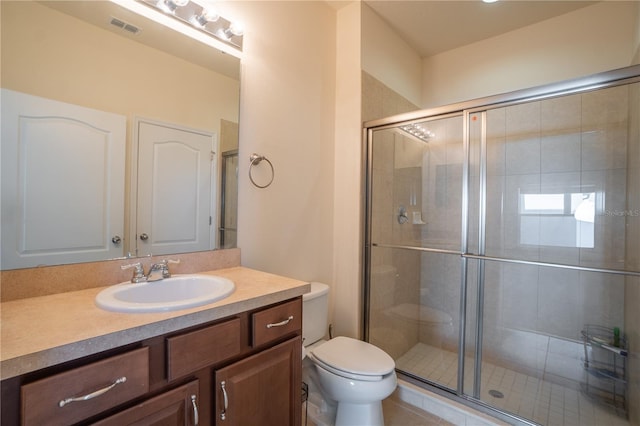 full bathroom with toilet, a stall shower, visible vents, and vanity