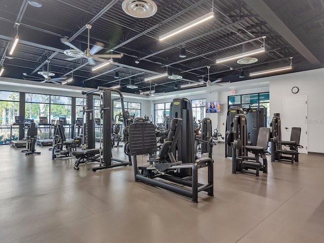 workout area with ceiling fan and plenty of natural light