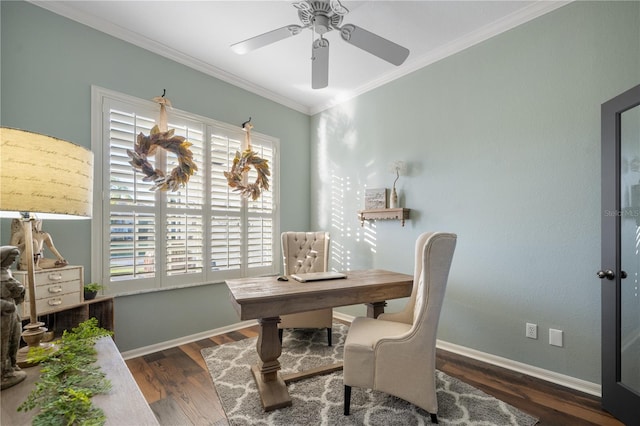 office area featuring ceiling fan, a healthy amount of sunlight, crown molding, and dark wood-type flooring