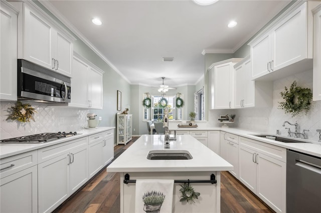 kitchen with white cabinets, stainless steel appliances, dark hardwood / wood-style floors, and sink