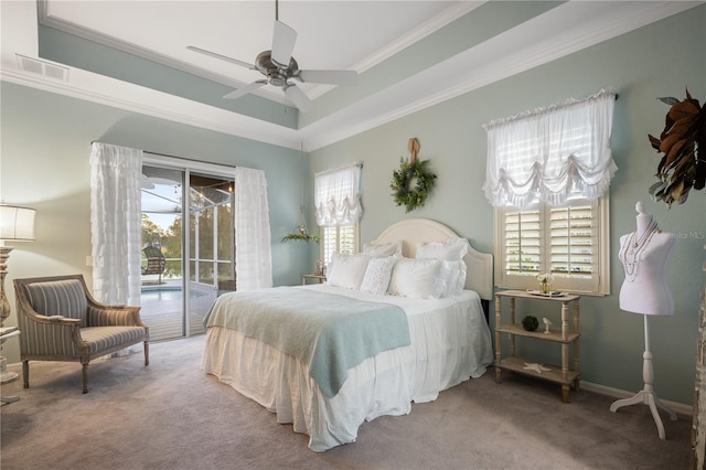 bedroom with carpet flooring, ceiling fan, ornamental molding, and access to outside