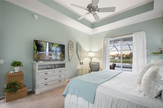 bedroom featuring access to exterior, ceiling fan, crown molding, and light colored carpet