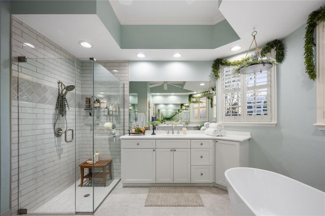 bathroom featuring vanity, plus walk in shower, and ornamental molding