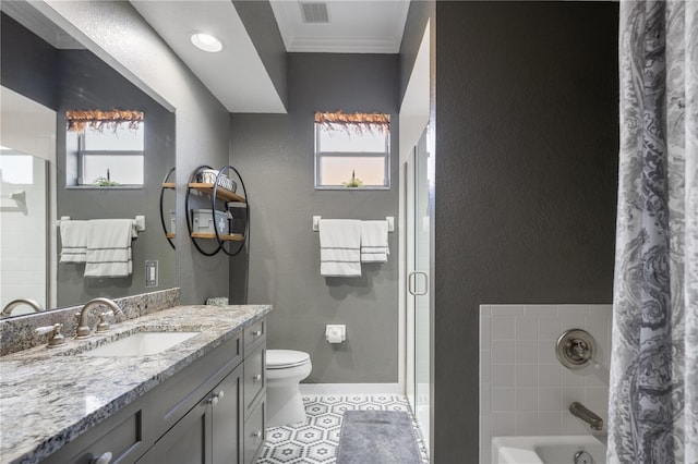 full bathroom with vanity, a healthy amount of sunlight, ornamental molding, and plus walk in shower