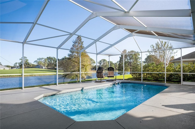 view of pool featuring a lanai, a water view, and a patio