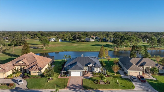 bird's eye view with a water view