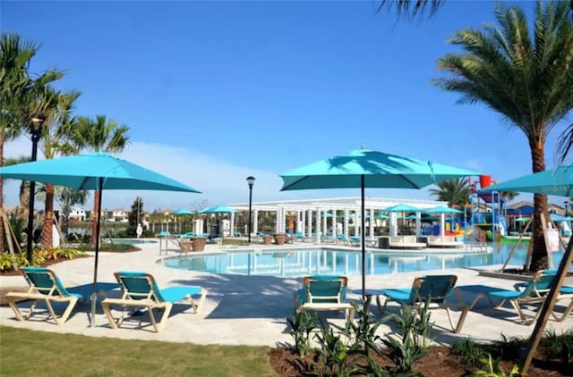 view of swimming pool featuring a patio area