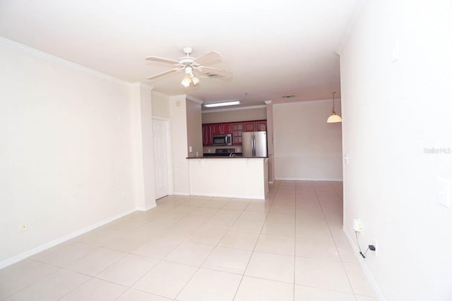 unfurnished living room featuring ceiling fan, crown molding, and light tile patterned flooring