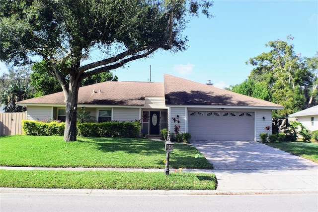 single story home with a garage and a front lawn