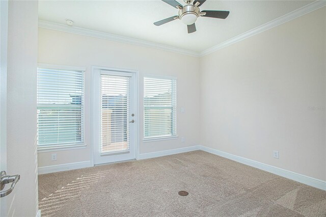 carpeted empty room featuring crown molding and ceiling fan