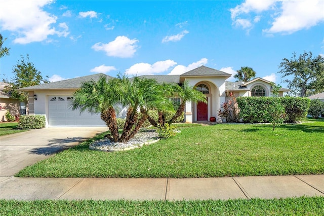 mediterranean / spanish house with a front lawn and a garage