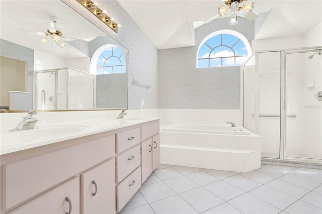 bathroom featuring ceiling fan, tile patterned flooring, shower with separate bathtub, and a healthy amount of sunlight