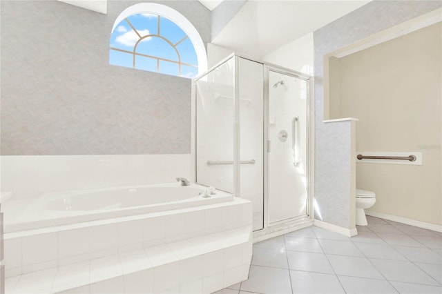 bathroom with toilet, independent shower and bath, and tile patterned floors