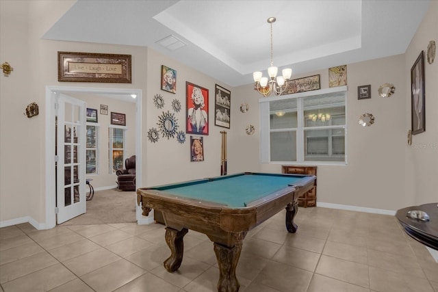 4001 Scarlet Branch Rd, Orlando, FL 32824 - rec room with a chandelier, baseboards, a raised ceiling, light tile patterned flooring, and billiards