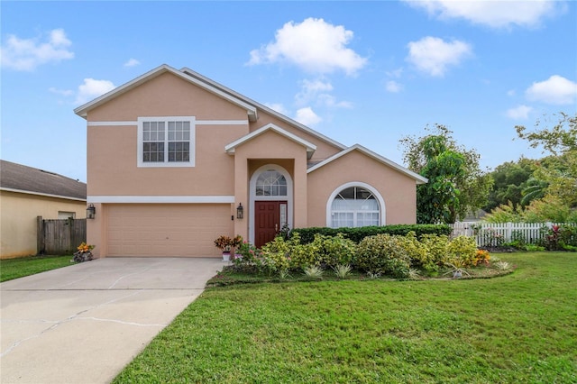 front facade with a garage and a front lawn