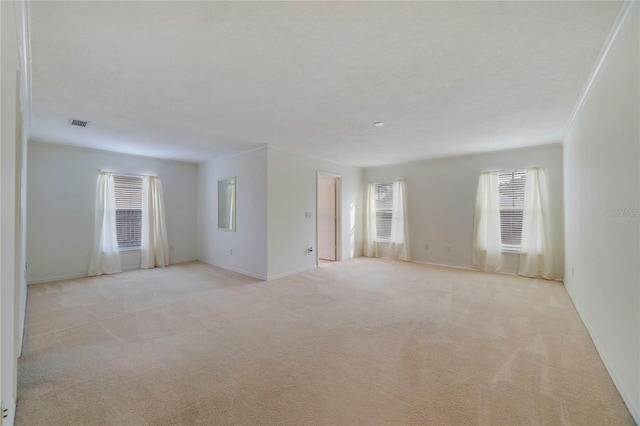 spare room featuring light carpet and crown molding