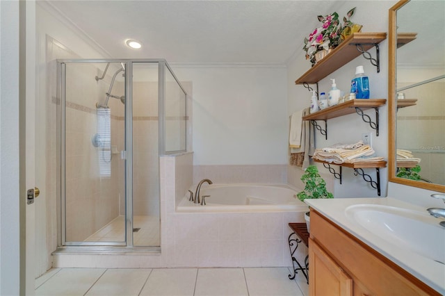 bathroom with vanity, independent shower and bath, tile patterned floors, and ornamental molding