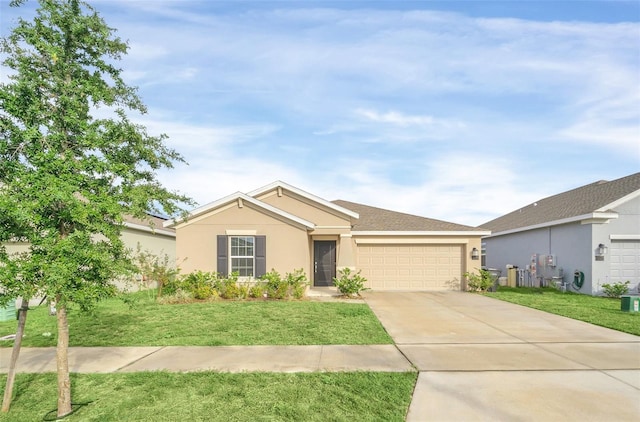 ranch-style house featuring a garage and a front yard