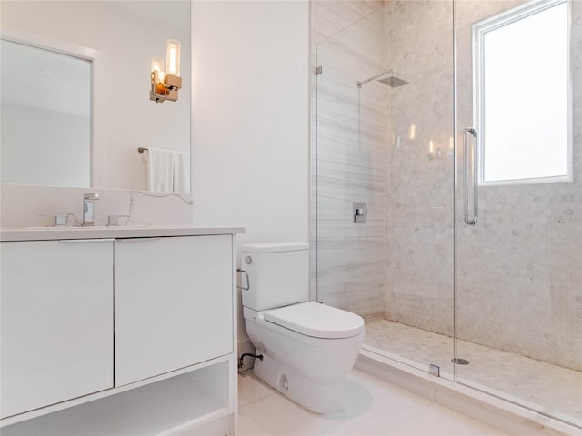 bathroom featuring tile patterned flooring, vanity, toilet, and an enclosed shower