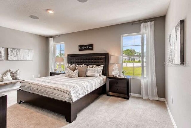 bedroom featuring light carpet, multiple windows, and baseboards