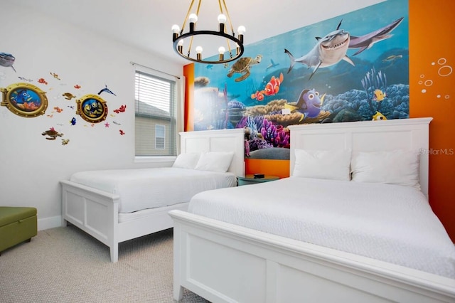 bedroom with an inviting chandelier and light carpet