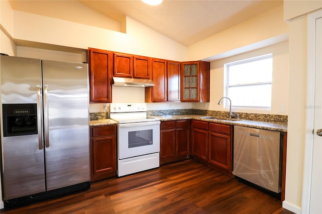 kitchen featuring lofted ceiling, dark wood-type flooring, sink, light stone countertops, and appliances with stainless steel finishes