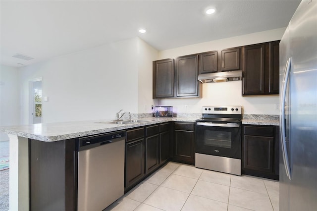 kitchen featuring kitchen peninsula, appliances with stainless steel finishes, light tile patterned floors, and sink