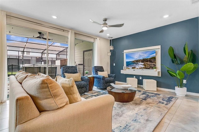 tiled living room featuring ceiling fan