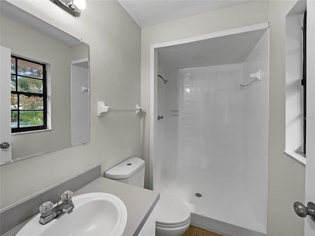 bathroom featuring toilet, vanity, and a tile shower