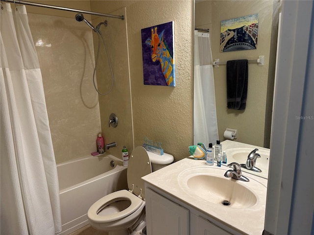 full bathroom with toilet, vanity, and shower / bath combo with shower curtain