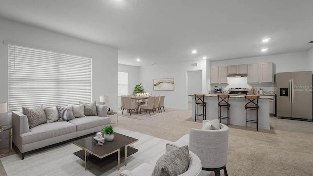 living room with light colored carpet