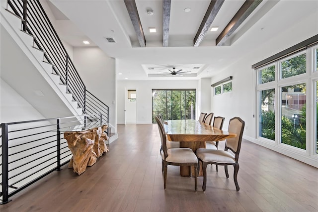 dining area featuring wood-type flooring, a healthy amount of sunlight, and ceiling fan