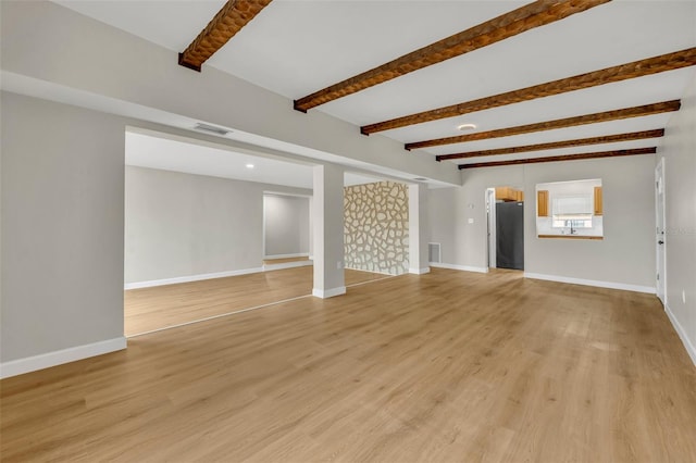 unfurnished living room with beam ceiling and light wood-type flooring