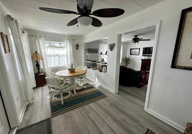 dining room with wood-type flooring, ceiling fan, and crown molding