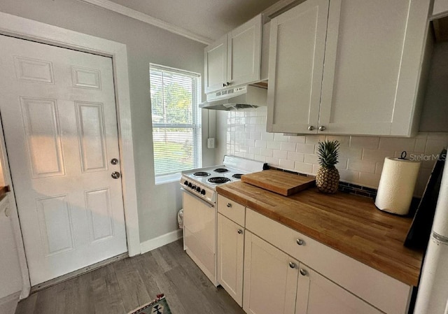 kitchen with white cabinetry, ornamental molding, white range, dark wood-type flooring, and wood counters