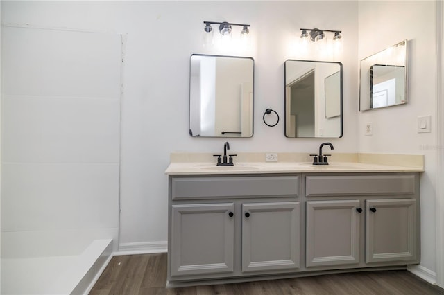 bathroom with hardwood / wood-style floors and vanity