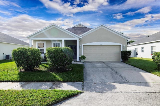 view of front facade featuring a front yard, a garage, and central air condition unit