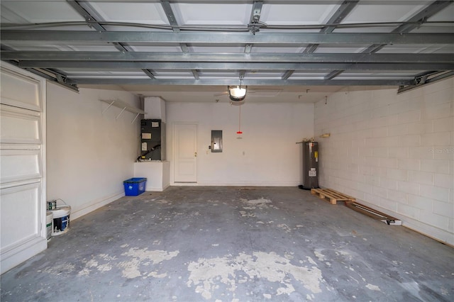 garage with a garage door opener, electric water heater, electric panel, and heating unit