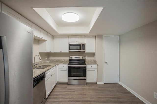 kitchen featuring a raised ceiling, sink, light stone counters, white cabinetry, and stainless steel appliances