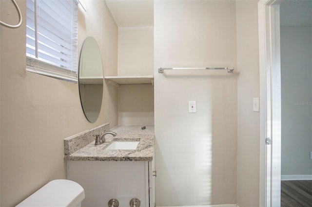 bathroom featuring vanity, hardwood / wood-style flooring, and toilet