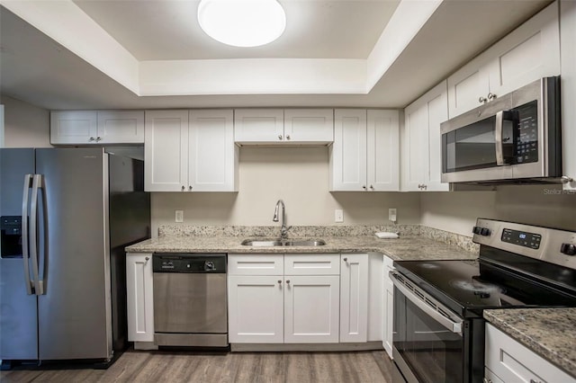 kitchen featuring a raised ceiling, stainless steel appliances, white cabinetry, and sink