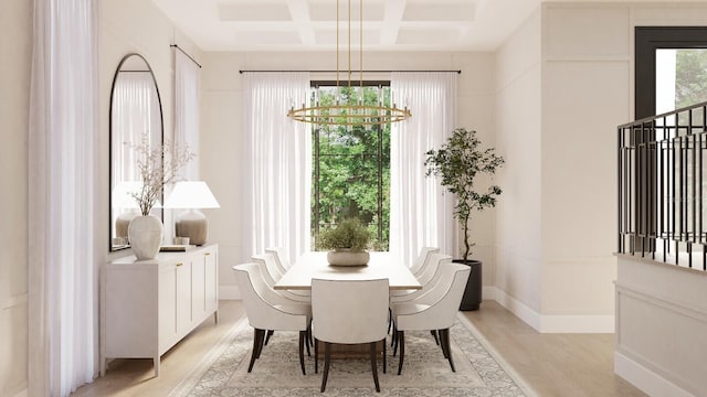 dining room featuring beam ceiling, a chandelier, coffered ceiling, and light hardwood / wood-style flooring