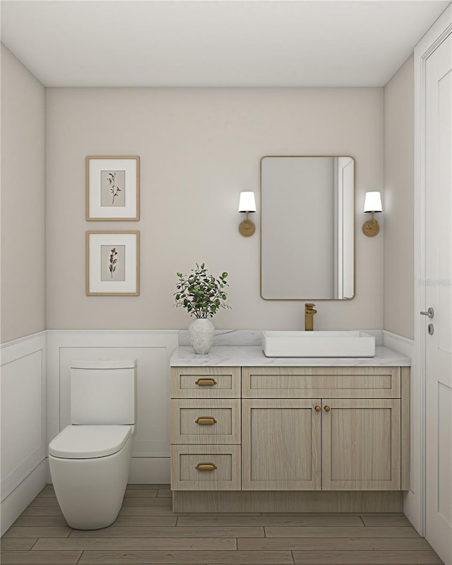 bathroom with toilet, hardwood / wood-style flooring, and vanity