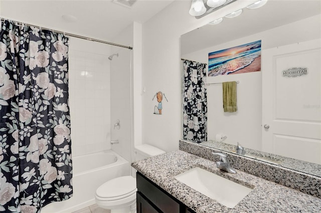 full bathroom with vanity, toilet, and shower / bathtub combination with curtain